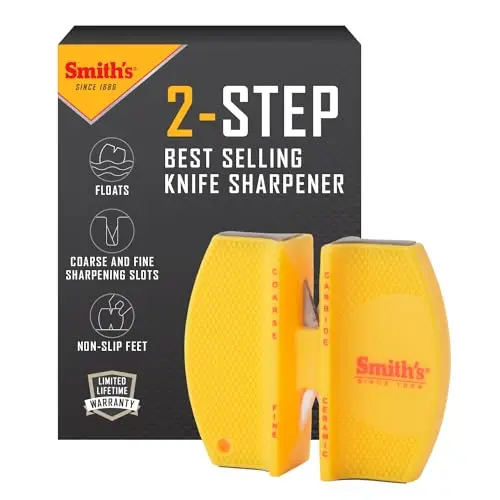 Smith's yellow CCKS 2-Step pocket knife sharpener on a keychain