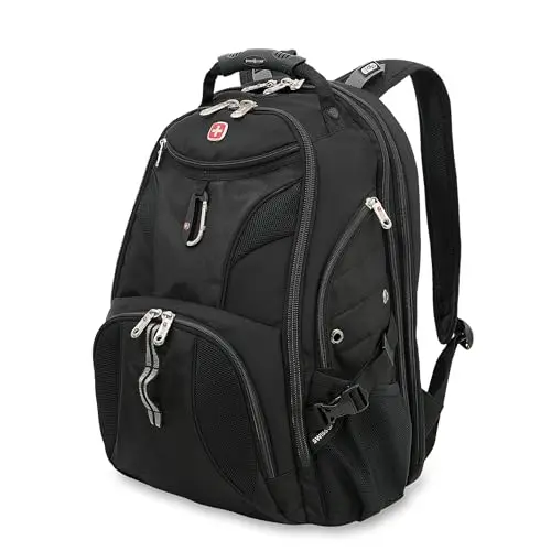 SwissGear 1900 Scansmart TSA laptop backpack open showing organization