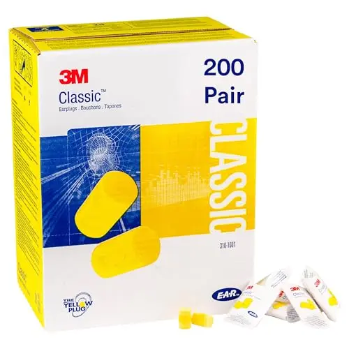Yellow 3M E-A-R Classic foam earplugs in a pillow pack