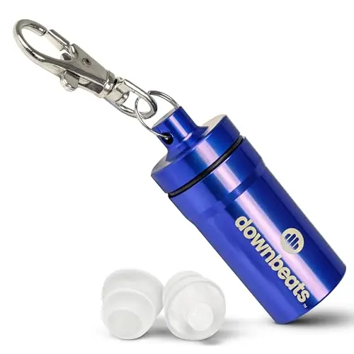 DownBeats clear silicone earplugs in a small blue aluminum carrying case
