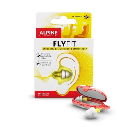 Alpine FlyFit yellow earplugs with a filter and carrying pouch