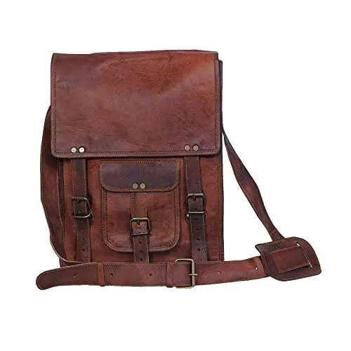 Brown full-grain leather messenger bag with buckle closure