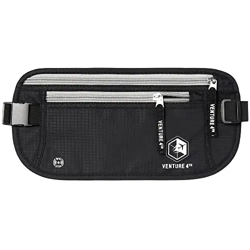 Black Venture 4th slim travel money belt worn around waist