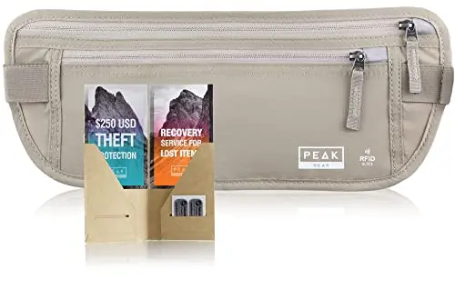 Peak Gear beige travel money belt showing moisture-wicking back and compartments