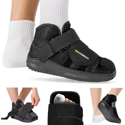 BraceAbility Closed Toe Medical Walking Shoe, a lightweight black surgical shoe with three adjustable straps.