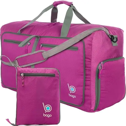 Amazon Basics extra large black foldable duffel bag with several zippered pockets.