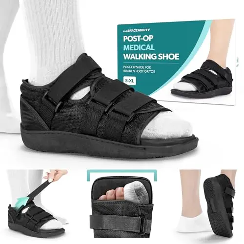 BraceAbility Post Op Shoe Foot Brace, a semi-open surgical shoe with three wide straps.