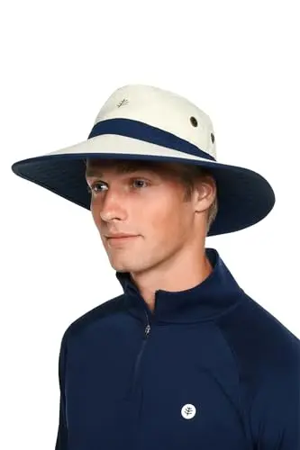 Coolibar Matchplay wide brim golf hat in Stone/Navy color