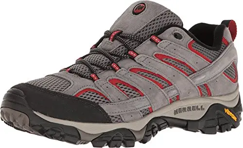 Merrell Moab 2 Vent hiking shoe showing mesh upper on a rocky, sunlit trail