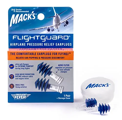 Macks Flightguard earplugs in blue and clear with a storage case
