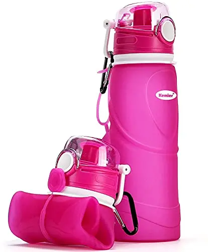 Kemier pink 750ml collapsible silicone water bottle with carabiner