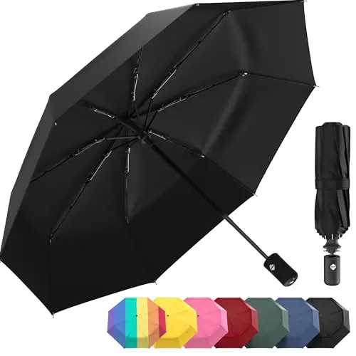 Rain-Mate compact black umbrella with auto button, fitting in a purse