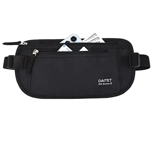DAITET black hidden travel wallet with breathable mesh back showing multiple compartments