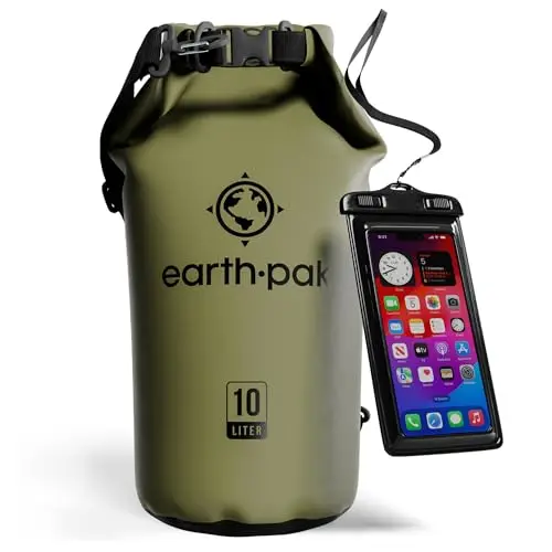 Earth Pak black waterproof dry bag with shoulder strap and clear phone case