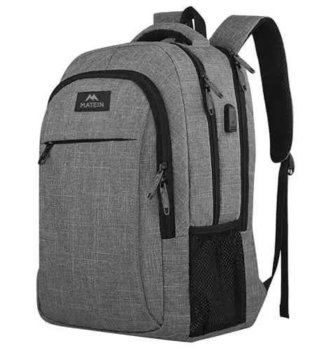 MATEIN gray travel laptop backpack with USB port, showing multiple compartments