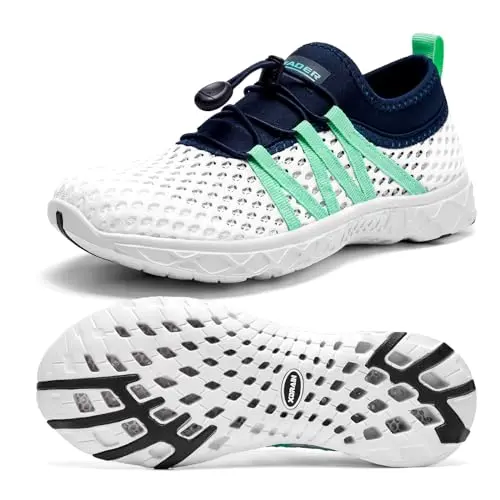 ALEADER women's water shoes in white, navy, and blue, featuring a mesh upper and drainage holes in the sole.