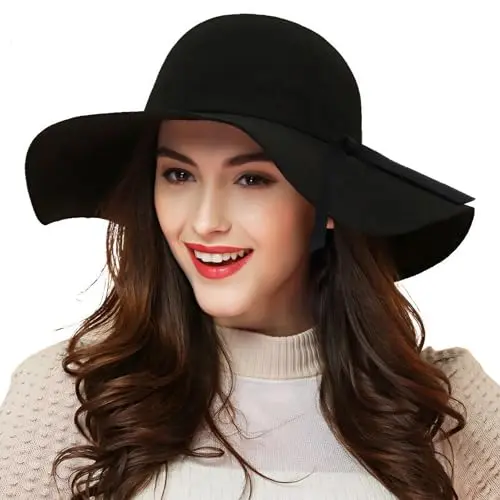 ASSQI black wool felt fedora hat with a wide brim and bow decoration