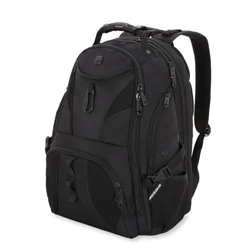 SwissGear black ScanSmart TSA laptop backpack open for security