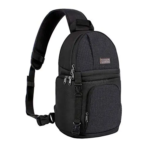Black MOSISO DSLR sling bag with multiple compartments and a side tripod holder