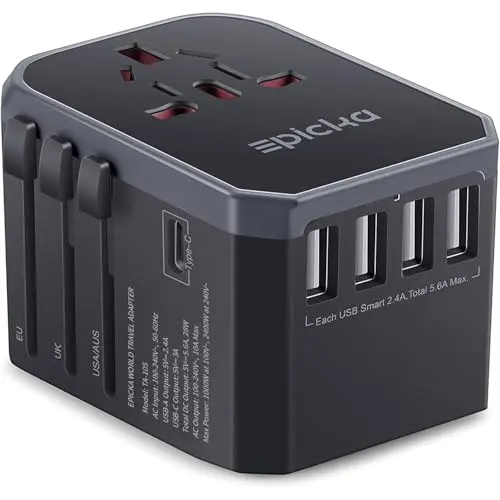 EPICKA Universal Travel Adapter in grey, featuring 4 USB-A ports, 1 USB-C port, and 1 AC socket.