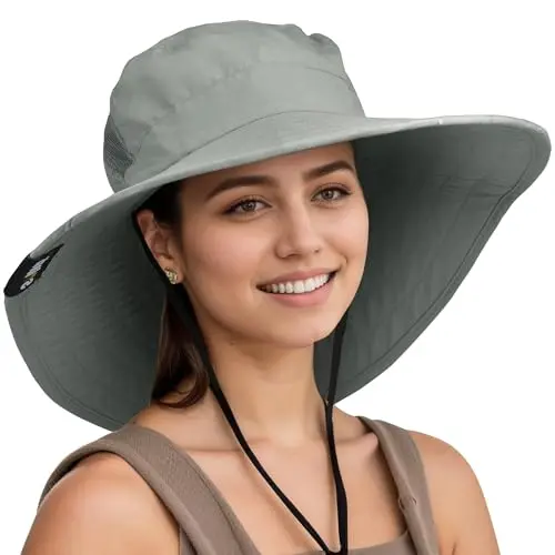 SOLARIS grey wide brim sun hat with structured shape and chin drawstring.