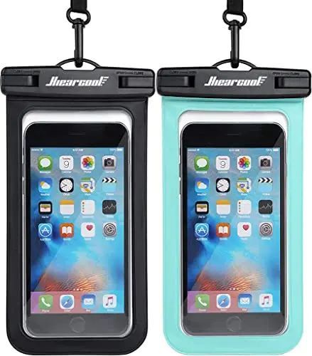 Hiearcool black and green waterproof phone pouch with lanyard on a beach
