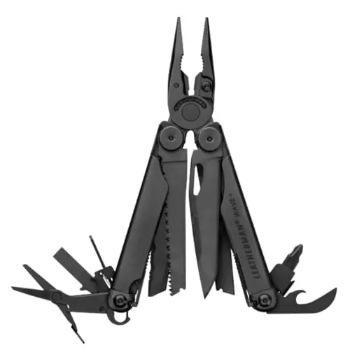 Leatherman Wave+ Black multitool opened showing pliers, blades, and saw