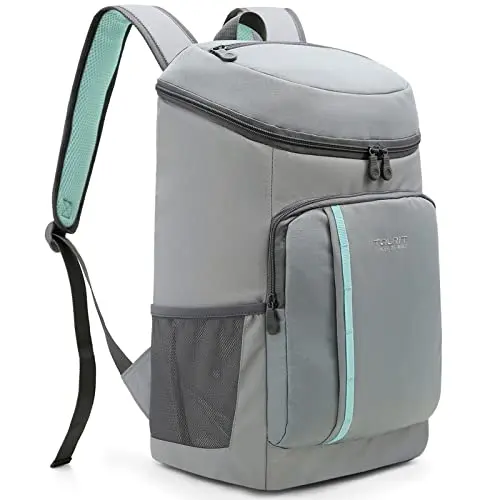 TOURIT Grey insulated backpack cooler with multiple pockets open