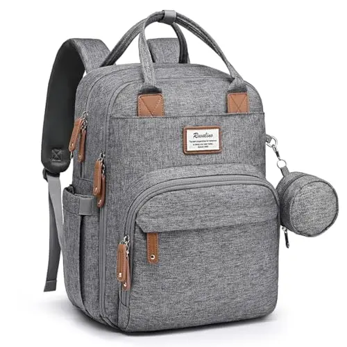 RUVALINO Gray Diaper Bag Backpack open to show internal mesh organizers