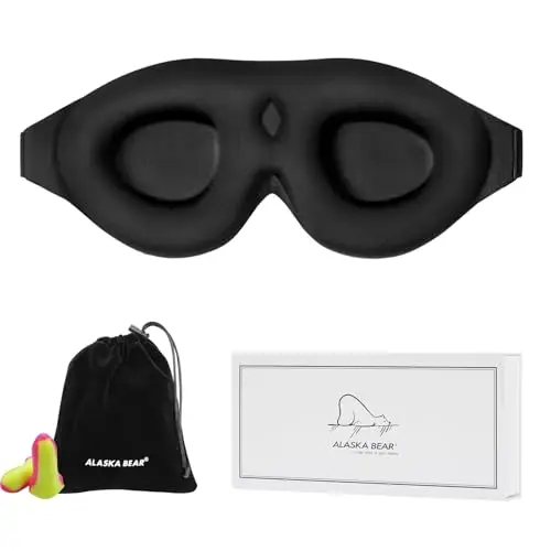 ALASKA BEAR black memory foam sleep mask with included earplugs and travel pouch