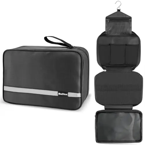 MALITON hanging toiletry bag showing ventilated and clear pockets