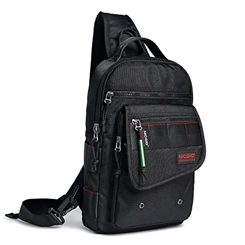 NICGID black nylon sling bag with multiple zipper pockets