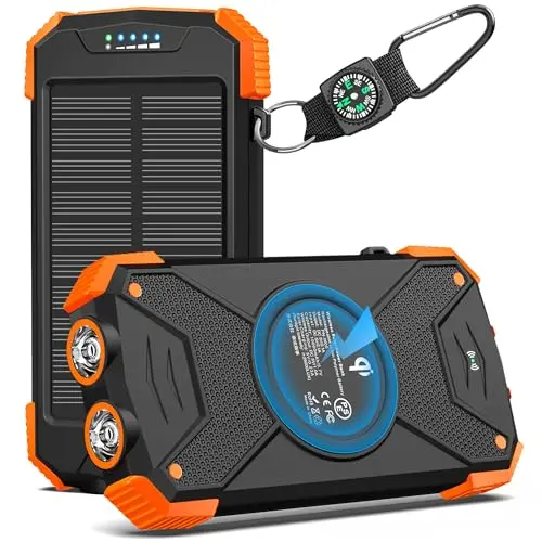 Orange BLAVOR solar power bank with dual flashlights attached to a backpack with a carabiner