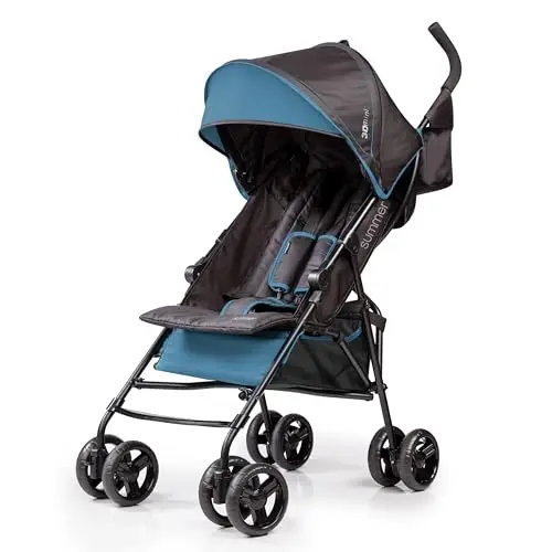 Ingenuity 3Dmini Convenience Stroller in blue, demonstrating its compact, auto-lock fold.