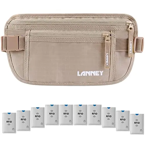 LANNEY money belt with 10 RFID blocking sleeves laid out beside it