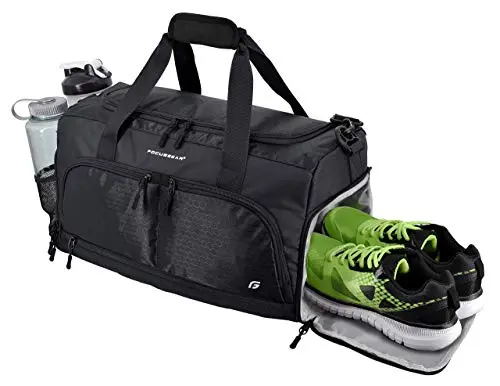 FocusGear Ultimate Gym Bag 2.0 open, showing its ten internal compartments.