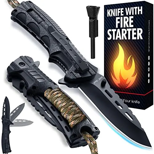 Grand Way camo paracord handle knife with firestarter and whistle