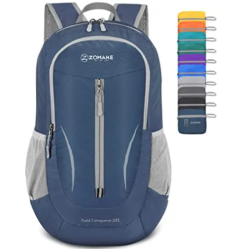 ZOMAKE 25L navy blue packable backpack with multiple zippered compartments and side mesh pockets.