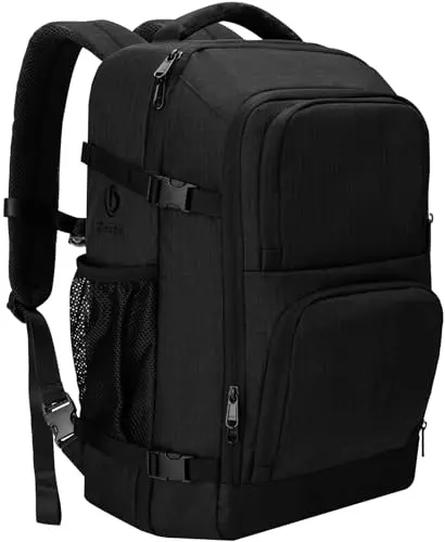 Dinictis large black travel backpack standing upright, showing its structure