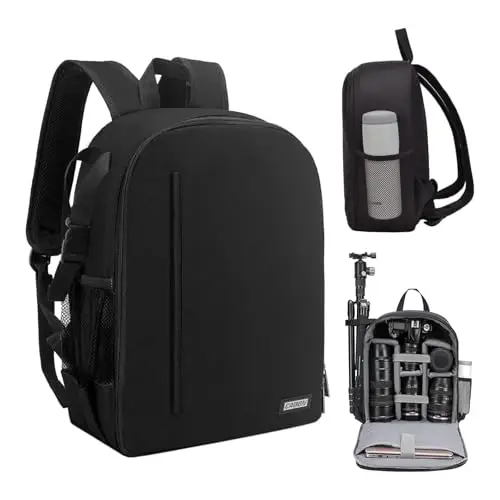 CADeN D6 slim black camera backpack with side tripod holder and mesh water bottle pocket
