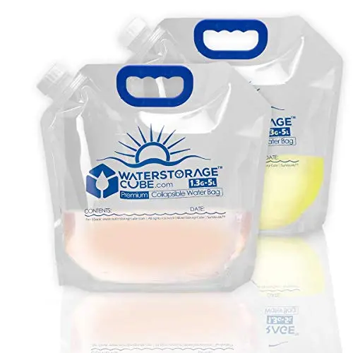 WaterStorageCube clear, collapsible plastic water storage bag standing upright