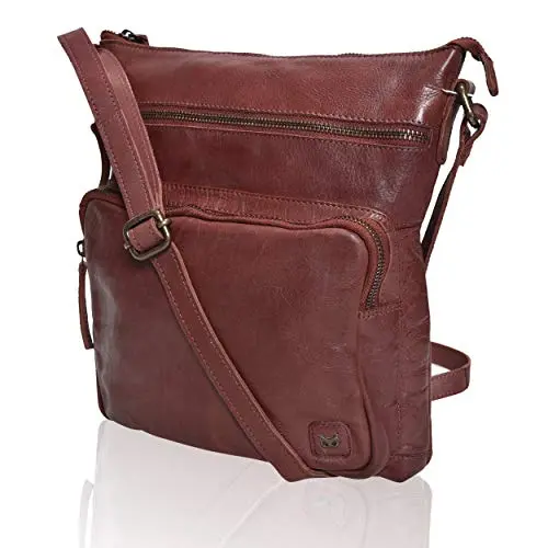 Real handmade leather crossbody bag in burgundy with multiple zippered compartments