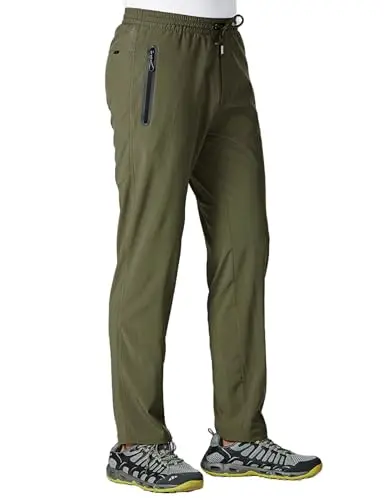 TBMPOY men's lightweight athletic travel pants in green, with a straight-leg design and zipper pockets.