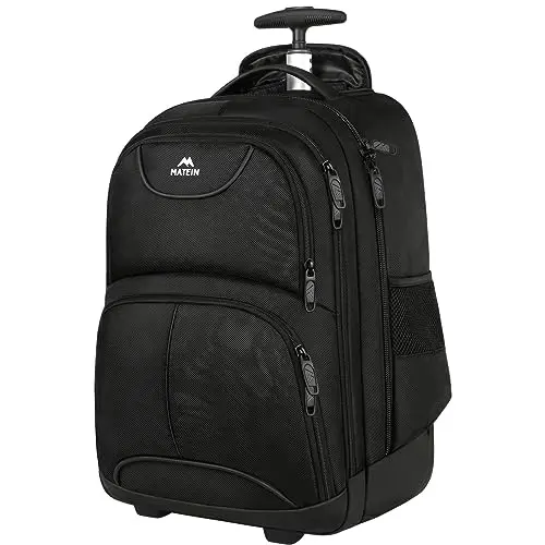 MATEIN 17-inch black rolling backpack with water-resistant bottom and metal zippers