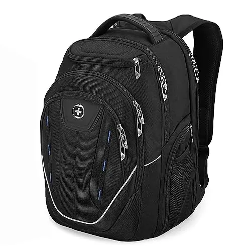 Swissdigital TERABYTE black backpack showing multiple open compartments