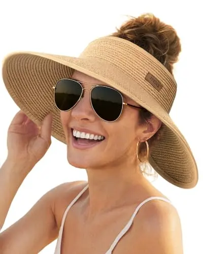 FURTALK wide brim straw sun hat with ponytail hole
