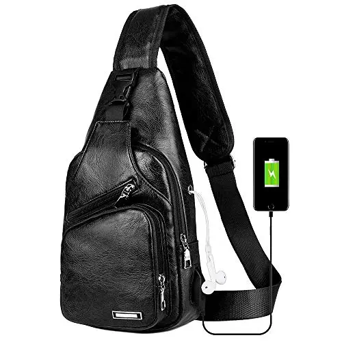 Leather-style Peicees sling bag with multiple front pockets and a USB port.