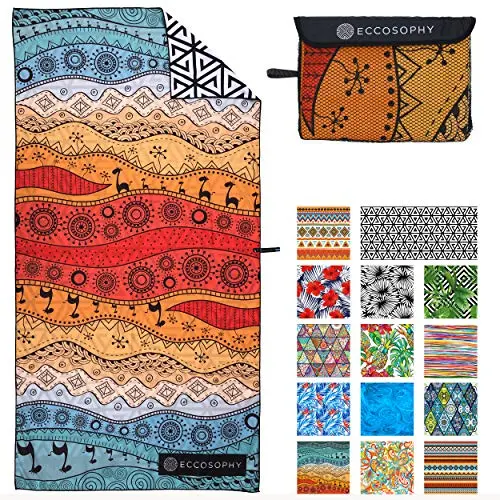 ECCOSOPHY oversized microfiber beach towel with vibrant pattern, rolled up with storage pouch