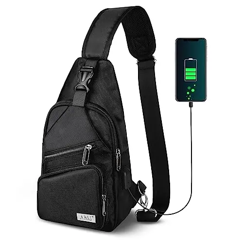 AMJ casual nylon sling backpack in black, worn across the chest