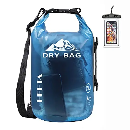 HEETA transparent blue roll-top dry bag with backpack straps